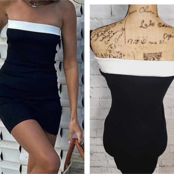 Commense contrast trim bodycon sweater mini dress Sz M black strapless A10 - Picture 1 of 5